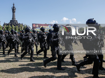 Indonesian special forces of anti-terror military personnel are marching during a security assembly ahead of The 10th World Water Forum 2024...