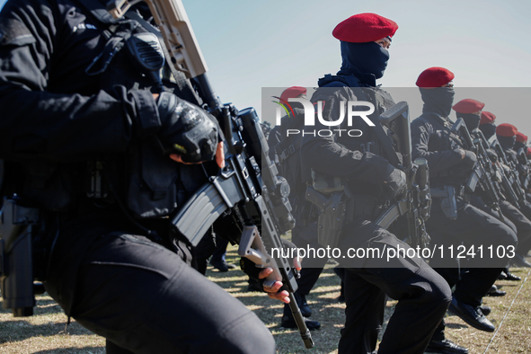 Indonesian special forces commando army (Kopassus) personnel are taking part during a security assembly ahead of The 10th World Water Forum...