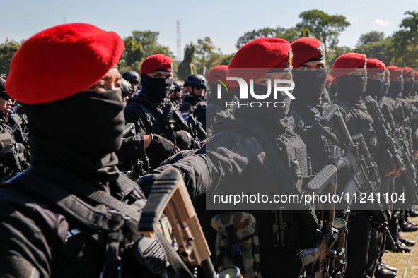 Indonesian special forces commando army (Kopassus) personnel are taking part during a security assembly ahead of The 10th World Water Forum...