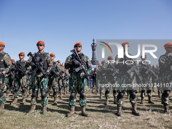 Indonesian air forces military personnel are taking part in a security assembly ahead of The 10th World Water Forum 2024 in Denpasar, Bali,...