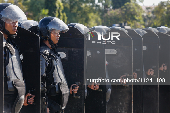 Indonesian anti-riot police are taking part in a security assembly ahead of the 10th World Water Forum 2024 in Denpasar, Bali, Indonesia, on...