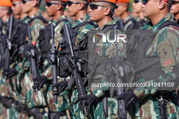 Indonesian air forces military personnel are taking part in a security assembly ahead of The 10th World Water Forum 2024 in Denpasar, Bali,...