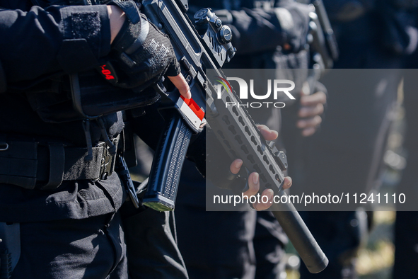 Indonesian elite mobile brigade police are taking part during a security assembly ahead of The 10th World Water Forum 2024 in Denpasar, Bali...