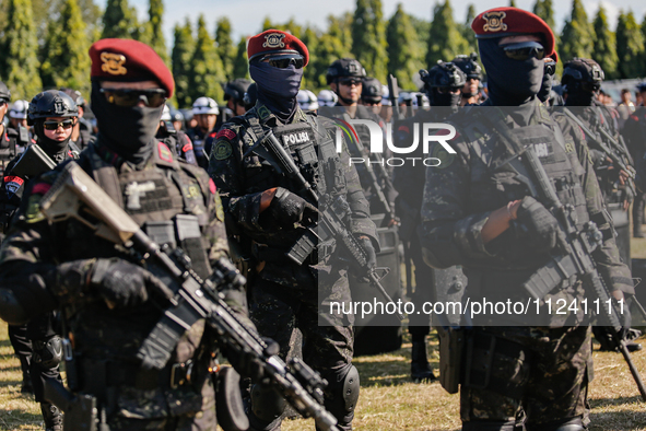 Indonesian anti-terror squad police are taking part during a security assembly ahead of The 10th World Water Forum 2024 in Denpasar, Bali, I...