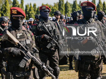 Indonesian anti-terror squad police are taking part during a security assembly ahead of The 10th World Water Forum 2024 in Denpasar, Bali, I...