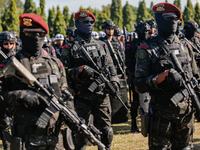 Indonesian anti-terror squad police are taking part during a security assembly ahead of The 10th World Water Forum 2024 in Denpasar, Bali, I...