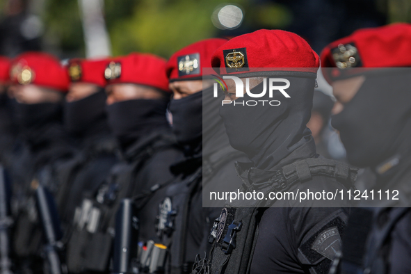 Indonesian special forces commando army (Kopassus) personnel are taking part during a security assembly ahead of The 10th World Water Forum...