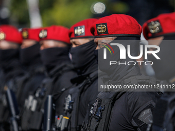 Indonesian special forces commando army (Kopassus) personnel are taking part during a security assembly ahead of The 10th World Water Forum...