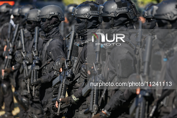 Indonesian special forces of anti-terror military personnel are marching during a security assembly ahead of The 10th World Water Forum 2024...