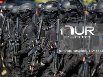 Indonesian special forces of anti-terror military personnel are marching during a security assembly ahead of The 10th World Water Forum 2024...