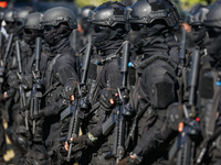 Indonesian special forces of anti-terror military personnel are marching during a security assembly ahead of The 10th World Water Forum 2024...