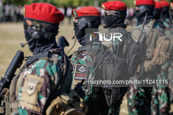 Indonesian frogman navy special forces (Kopaska) personnel are taking part in a security assembly ahead of the 10th World Water Forum 2024 i...