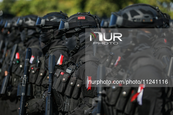 Indonesian elite mobile brigade police are taking part during a security assembly ahead of The 10th World Water Forum 2024 in Denpasar, Bali...