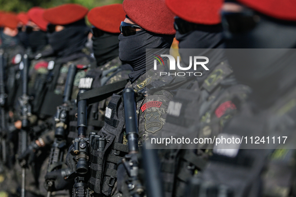 Indonesian anti-terror squad police are taking part during a security assembly ahead of The 10th World Water Forum 2024 in Denpasar, Bali, I...