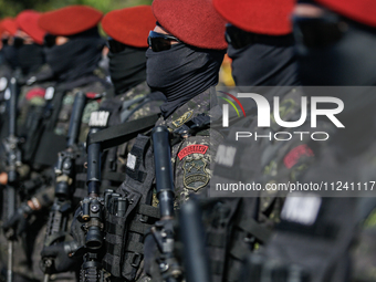 Indonesian anti-terror squad police are taking part during a security assembly ahead of The 10th World Water Forum 2024 in Denpasar, Bali, I...