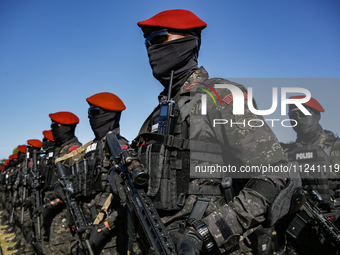 Indonesian anti-terror squad police are taking part during a security assembly ahead of The 10th World Water Forum 2024 in Denpasar, Bali, I...