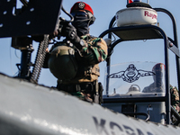 Indonesian frogman navy special forces (Kopaska) personnel are taking part in a security assembly ahead of the 10th World Water Forum 2024 i...