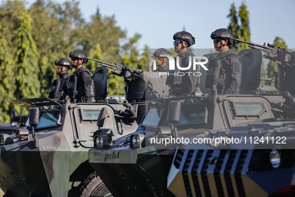 Indonesian special forces of anti-terror military personnel are marching during a security assembly ahead of The 10th World Water Forum 2024...