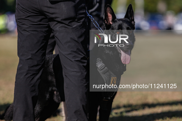 An Indonesian K-9 military dog is taking part during a security assembly ahead of The 10th World Water Forum 2024 in Denpasar, Bali, Indones...