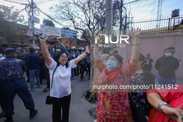 Supporters and fans of Sandeep Lamichhane are reacting and celebrating outside the Patan High Court after hearing the news of acquittal from...