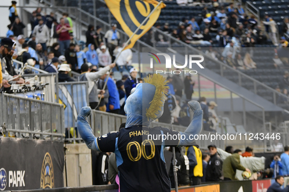 Philadelphia Union's mascot Phang is warming up Philadelphia Union fans in the Sons of Ben section during the Philadelphia Union vs. New Yor...