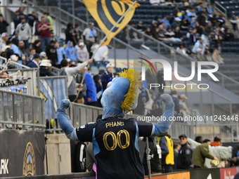 Philadelphia Union's mascot Phang is warming up Philadelphia Union fans in the Sons of Ben section during the Philadelphia Union vs. New Yor...