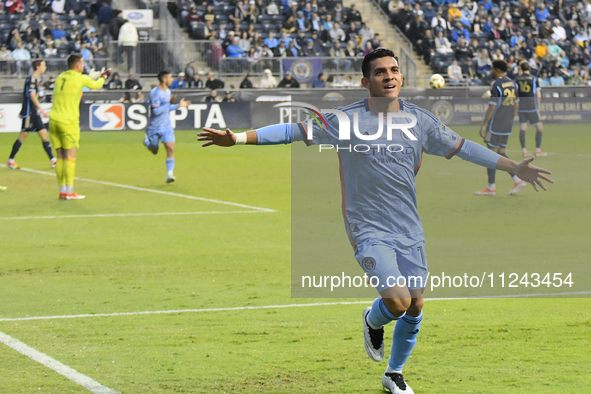 New York City Striker Alonso Martinez is celebrating an early goal in the first half in the Philadelphia Union vs. New York City FC match at...