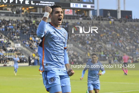 New York City Striker Alonso Martinez is celebrating an early goal in the first half in the Philadelphia Union vs. New York City FC match at...