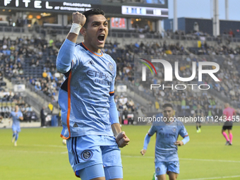 New York City Striker Alonso Martinez is celebrating an early goal in the first half in the Philadelphia Union vs. New York City FC match at...