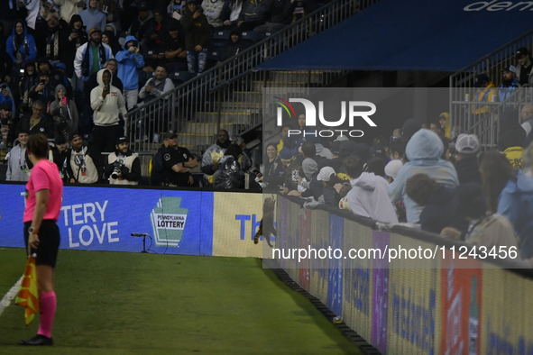 A raccoon is trying to escape after invading the pitch during the first half of the Philadelphia Union vs. New York City FC match at Subaru...