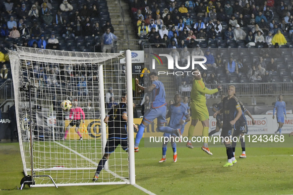 Philadelphia Goalkeeper Oliver Semmle is watching the ball go in the net as New York City FC Midfielder Hannes Wolf (#17) is scoring the 0-2...