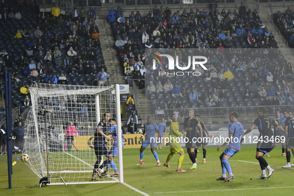 Philadelphia Goalkeeper Oliver Semmle is watching the ball go in the net as New York City FC Midfielder Hannes Wolf (#17) is scoring the 0-2...