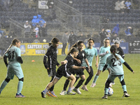 Local youth players are taking the pitch during halftime of the Philadelphia Union vs. New York City FC match at Subaru Park in Chester, PA,...