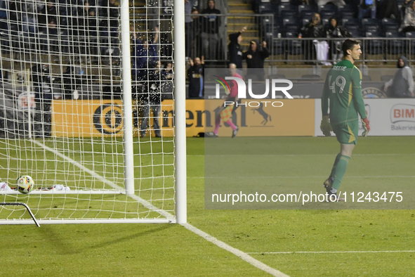 NYC FC Goalkeeper Matt Freese is reacting after Philadelphia Union Striker Julian Carranza (#9) scores in the 47th minute from a free kick d...