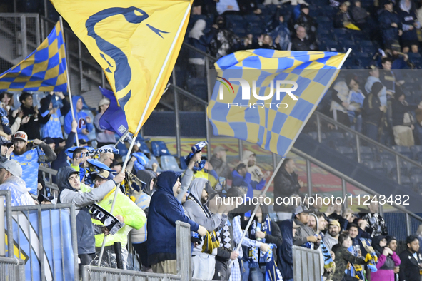 Fans are celebrating after Philadelphia Union Striker Julian Carranza (#9) scores in the 47th minute from a free kick during the Philadelphi...