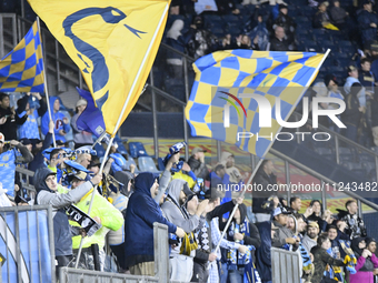 Fans are celebrating after Philadelphia Union Striker Julian Carranza (#9) scores in the 47th minute from a free kick during the Philadelphi...