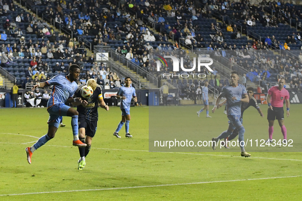 NYC FC's Andres Perea and Philadelphia Union's Jakob Glesnes are in close contact during the second half of the Philadelphia Union vs. New Y...