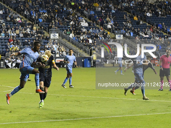 NYC FC's Andres Perea and Philadelphia Union's Jakob Glesnes are in close contact during the second half of the Philadelphia Union vs. New Y...