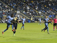 NYC FC's Andres Perea and Philadelphia Union's Jakob Glesnes are in close contact during the second half of the Philadelphia Union vs. New Y...