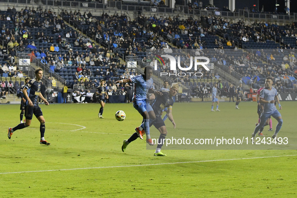 NYC FC's Andres Perea and Philadelphia Union's Jakob Glesnes are in close contact during the second half of the Philadelphia Union vs. New Y...