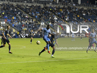 NYC FC's Andres Perea and Philadelphia Union's Jakob Glesnes are in close contact during the second half of the Philadelphia Union vs. New Y...