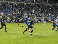 NYC FC's Andres Perea and Philadelphia Union's Jakob Glesnes are in close contact during the second half of the Philadelphia Union vs. New Y...