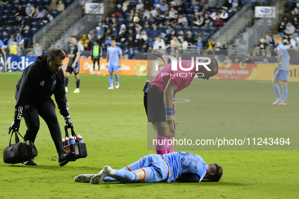 NYC FC's defender Mitja Ilenic is receiving on-field medical attention in the second half of the Philadelphia Union vs. New York City FC mat...