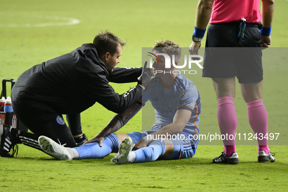 NYC FC's defender Mitja Ilenic is receiving on-field medical attention in the second half of the Philadelphia Union vs. New York City FC mat...