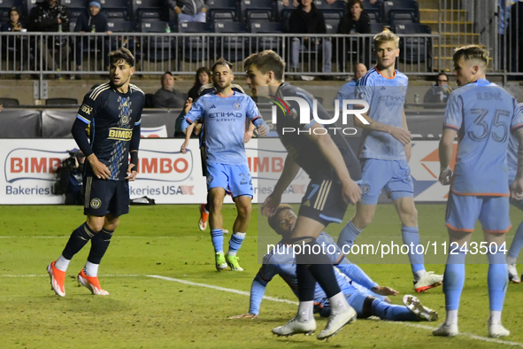 Players on the field are reacting to a late offside shot on goal as Philadelphia Union is being defeated by New York City FC 1-2 at Subaru P...