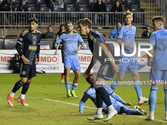 Players on the field are reacting to a late offside shot on goal as Philadelphia Union is being defeated by New York City FC 1-2 at Subaru P...