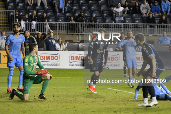 Players on the field are reacting to a late offside shot on goal as Philadelphia Union is being defeated by New York City FC 1-2 at Subaru P...