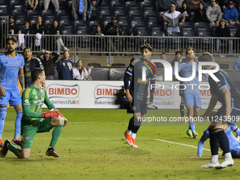 Players on the field are reacting to a late offside shot on goal as Philadelphia Union is being defeated by New York City FC 1-2 at Subaru P...