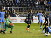 Players on the field are reacting to a late offside shot on goal as Philadelphia Union is being defeated by New York City FC 1-2 at Subaru P...