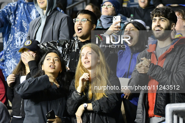 Philadelphia Union fans are reacting to a late offside shot on goal as Philadelphia Union is being defeated by New York City FC 1-2 at Subar...